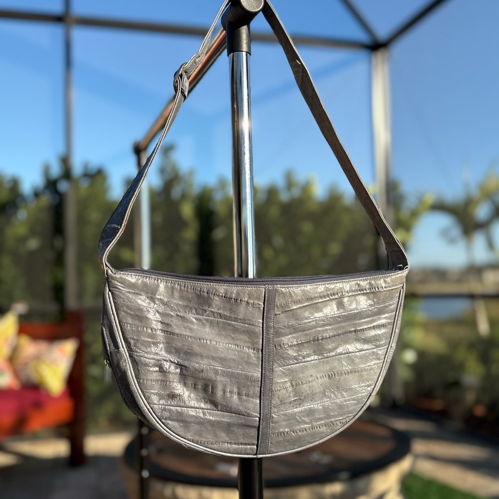 Vintage Genuine Eel Skin Leather Shoulder Bag | Grey | Good Condition | KOREA